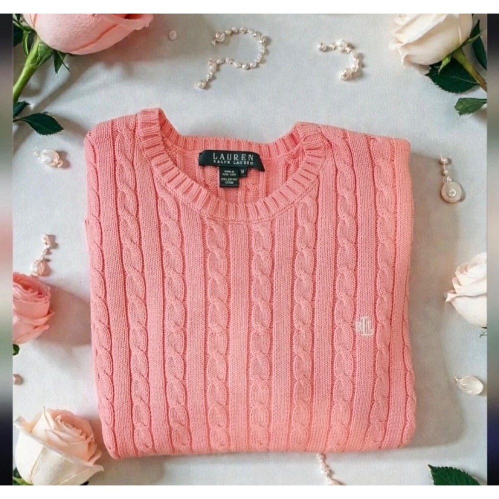 Lauren Ralph Lauren Cable Knit Sweater Pink Cotton Crewneck Size 1X